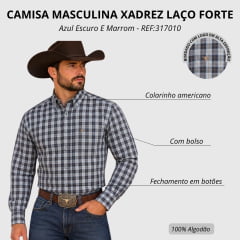 Camisa Masculina Laço Forte Manga Longa Xadrez Grande Azul Escuro E Marrom Logo Marrom REF:317010