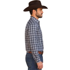 Camisa Masculina Laço Forte Manga Longa Xadrez Grande Azul Escuro E Marrom Logo Marrom REF:317010