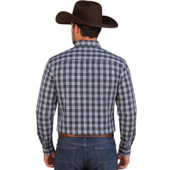 Camisa Masculina Laço Forte Manga Longa Xadrez Grande Azul Escuro E Marrom Logo Marrom REF:317010