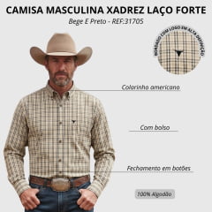 Camisa Masculina Laço Forte Manga Longa Xadrez Grande Bege E Preto Logo Preto REF:31705