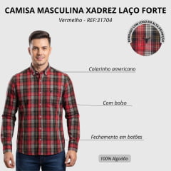 Camisa Masculina Laço Forte Manga Longa Xadrez Grande Vermelho Logo Preto REF:31704