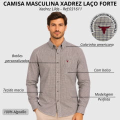 Camisa Masculina Laço Forte Manga Longa Xadrez Lilás Logo Bordô Ref:31611