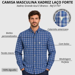 Camisa Masculina Laço Forte Manga Longa Xadrez Médio Azul E Branco Logo Cinza REF:31707