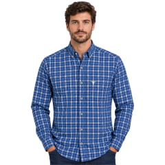 Camisa Masculina Laço Forte Manga Longa Xadrez Médio Azul E Branco Logo Cinza REF:31707 Camisa Masculina Laço Forte Manga Longa Xadrez Médio Azul E Branco Logo Cinza REF:31707