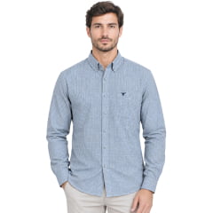 Camisa Masculina Laço Forte Manga Longa Xadrez Pequeno Azul Logo Azul Marinho Ref:31611 Camisa Masculina Laço Forte Manga Longa Xadrez Pequeno Azul Logo Azul Marinho Ref:31611