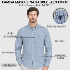 Camisa Masculina Laço Forte Manga Longa Xadrez Pequeno Azul Logo Azul Marinho Ref:31611
