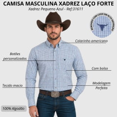 Camisa Masculina Laço Forte Manga Longa Xadrez Pequeno Azul E Vermelho Ref:31611