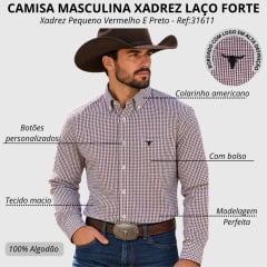 Camisa Masculina Laço Forte Manga Longa Xadrez Pequeno Vermelho E Preto Logo Preto Ref:31611
