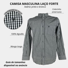 Camisa Masculina Laço Forte Manga Longa Xadrez Preto/Branco Manga Longa Slim Logo Preto Ref:M.L.S.X.3161