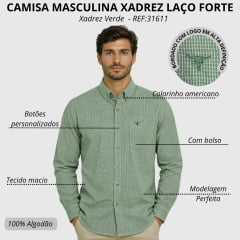 Camisa Masculina Laço Forte Manga Longa Xadrez Verde Logo Verde Escuro REF:31611