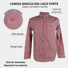 Camisa Masculina Laço Forte Manga Longa Xadrez Vermelho/Branco Manga Longa Slim Logo Vermelho Ref:M.L.S.X.3161