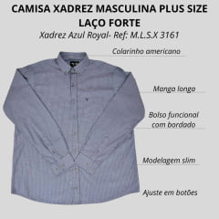 Camisa Masculina Laço Forte Plus Size Manga Longa Xadrez Azul Royal/ Bordô Com Logo Cinza Ref: M.L.S.X. 3161