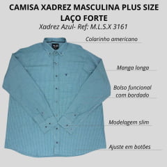 Camisa Masculina Laço Forte Plus Size Manga Longa Xadrez Azul/ Verde Com Logo Em Azul Ref: M.L.S.X 3161