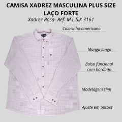 Camisa Masculina Laço Forte Plus Size Manga Longa Xadrez Rosa BB/ Bordô Com Logo Bordô Ref: M.L.S.X. 3161