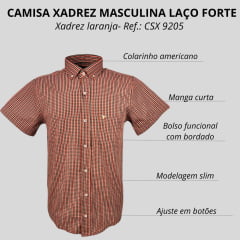 Camisa Masculina Laço Forte Slim Xadrez Laranja/ Bege E Preto C/ Bolso E Logo Bordado Dourado Ref: MCSX 9205