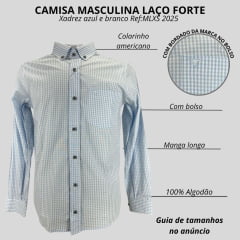 Camisa Masculina Laço Forte Xadrez Azul Bebê Manga Longa Slim Com Logo Azul Bebê Ref:MLXS 2025