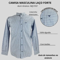 Camisa Masculina Laço Forte Xadrez Azul/Branco Slim Manga Longa Com Logo Azul Ref:3161