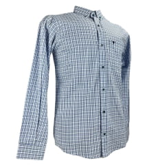 Camisa Masculina Laço Forte Xadrez Azul/Branco Slim Manga Longa Com Logo Azul Ref:3161