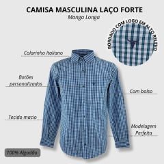 Camisa Masculina Laço Forte Xadrez Azul Claro/Azul Royal Manga Longa Slim Com Logo Azul Ref.M.L.S.X.3161