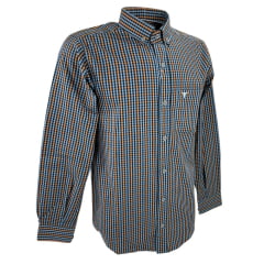 Camisa Masculina Laço Forte Xadrez Azul Claro/Laranja/Preto Manga Longa Slim Com Logo