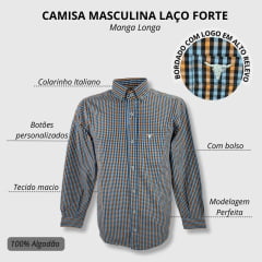 Camisa Masculina Laço Forte Xadrez Azul Claro/Laranja/Preto Manga Longa Slim Com Logo