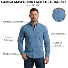 Camisa Masculina Laço Forte Xadrez Azul Logo Azul Escuro Manga Longa REF:31611