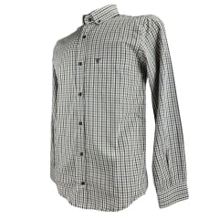 Camisa Masculina Laço Forte Xadrez Azul E Caramelo Manga Longa Com Logo Cinza Ref:3161