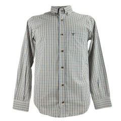Camisa Masculina Laço Forte Xadrez Azul E Caramelo Manga Longa Com Logo Cinza Ref:3161