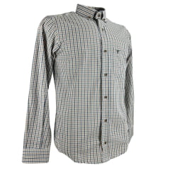 Camisa Masculina Laço Forte Xadrez Azul E Caramelo Manga Longa Com Logo Cinza Ref:3161
