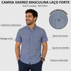 Camisa Masculina Laço Forte Xadrez Azul E Laranja Manga Curta Ref:9205.1