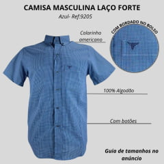Camisa Masculina Laço Forte Xadrez Azul Manga Curta Com Logo Azul Ref:9205.1