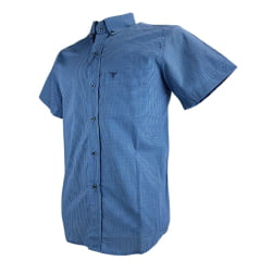 Camisa Masculina Laço Forte Xadrez Azul Manga Curta Com Logo Azul Ref:9205.1