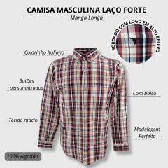 Camisa Masculina Laço Forte Xadrez Azul Marinho/Vermelho Manga Longa Slim Com Logo Azul