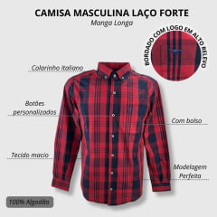 Camisa Masculina Laço Forte Xadrez Azul Marinho/Vermelho Manga Longa Slim Com Logo Azul