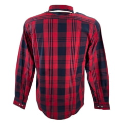 Camisa Masculina Laço Forte Xadrez Azul Marinho/Vermelho Manga Longa Slim Com Logo Azul