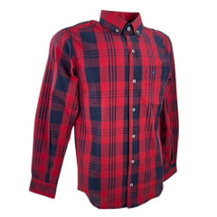 Camisa Masculina Laço Forte Xadrez Azul Marinho/Vermelho Manga Longa Slim Com Logo Azul