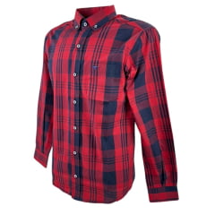 Camisa Masculina Laço Forte Xadrez Azul Marinho/Vermelho Manga Longa Slim Com Logo Azul