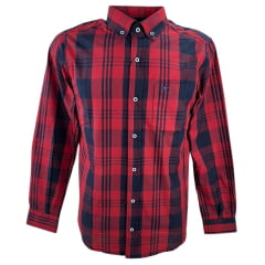 Camisa Masculina Laço Forte Xadrez Azul Marinho/Vermelho Manga Longa Slim Com Logo Azul