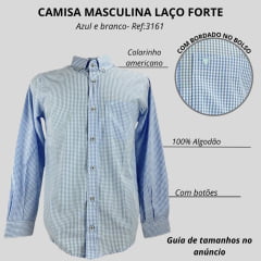 Camisa Masculina Laço Forte Xadrez Azul Slim Manga Longa Com Logo Azul Ref:3161