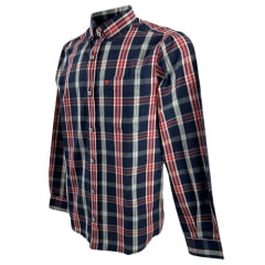 Camisa Masculina Laço Forte Xadrez Azul Vermelho/Bege Manga Longa Slim Com Logo Vermelho Ref.M.L.S.X.3161