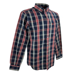 Camisa Masculina Laço Forte Xadrez Azul Vermelho/Bege Manga Longa Slim Com Logo Vermelho Ref.M.L.S.X.3161