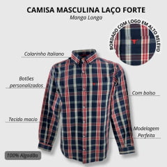 Camisa Masculina Laço Forte Xadrez Azul Vermelho/Bege Manga Longa Slim Com Logo Vermelho Ref.M.L.S.X.3161