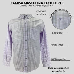 Camisa Masculina Laço Forte Xadrez Lilás Manga Longa Slim Com Logo Lilás Ref:3161-1