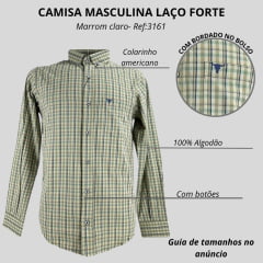 Camisa Masculina Laço Forte Xadrez Marrom Claro/Azul Slim Manga Longa Com Logo Azul Ref:3161
