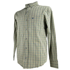 Camisa Masculina Laço Forte Xadrez Marrom Claro/Azul Slim Manga Longa Com Logo Azul Ref:3161