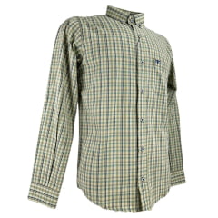 Camisa Masculina Laço Forte Xadrez Marrom Claro/Azul Slim Manga Longa Com Logo Azul Ref:3161