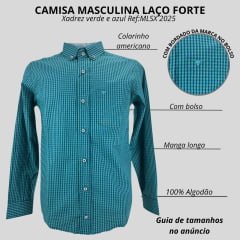 Camisa Masculina Laço Forte Xadrez Verde Azul Escuro Manga Longa Slim Logo Verde Ref:MLSX 2025