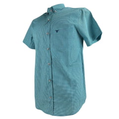 Camisa Masculina Laço Forte Xadrez Verde Claro Slim Manga Curta Com Logo Azul Ref:9205.1