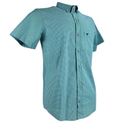 Camisa Masculina Laço Forte Xadrez Verde Claro Slim Manga Curta Com Logo Azul Ref:9205.1