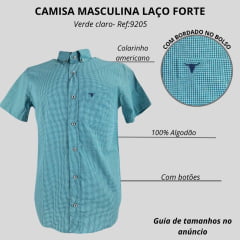 Camisa Masculina Laço Forte Xadrez Verde Claro Slim Manga Curta Com Logo Azul Ref:9205.1